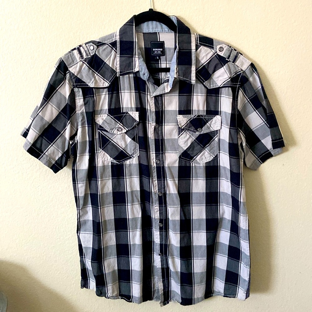 Vintage 80s 100% COTTON PLAID SNAPS BUTTON DOWN